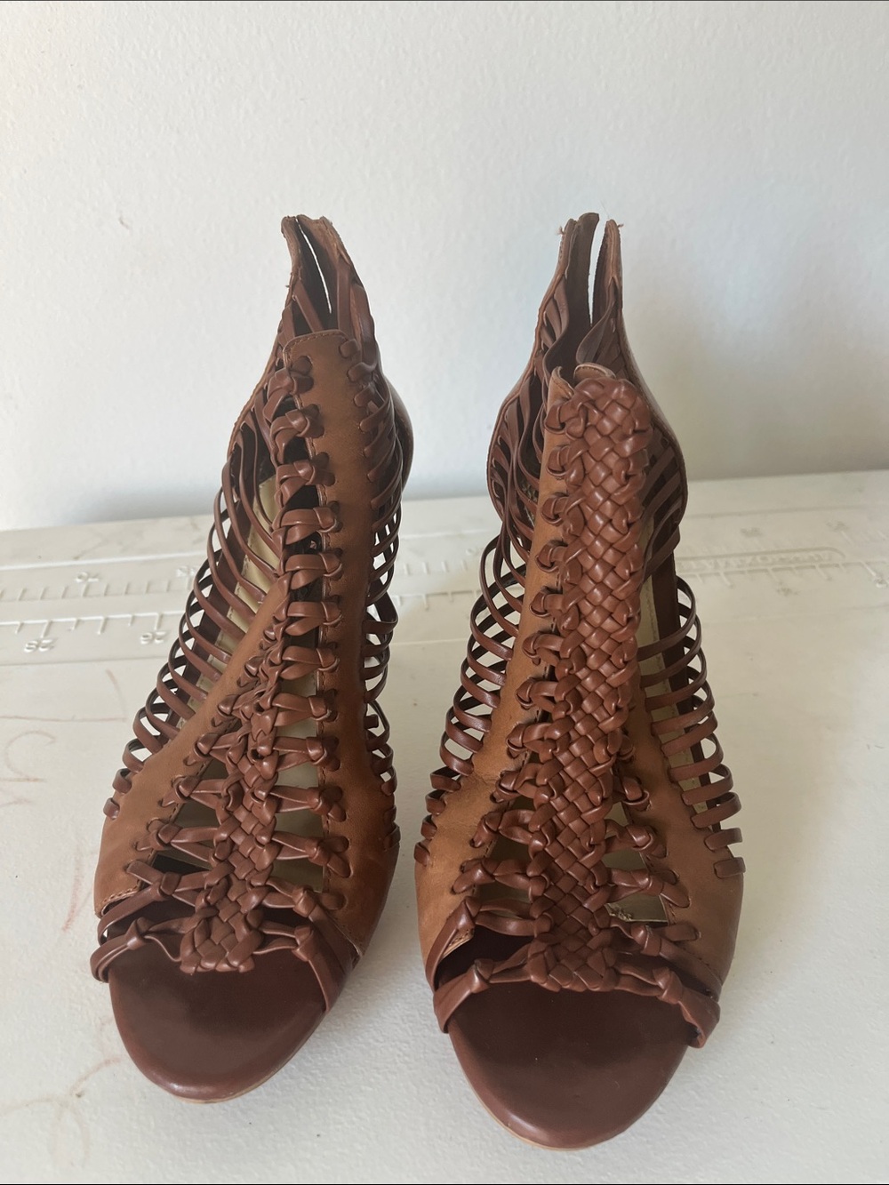 Gianni Bini Brown Woven Peep-Toe Heels